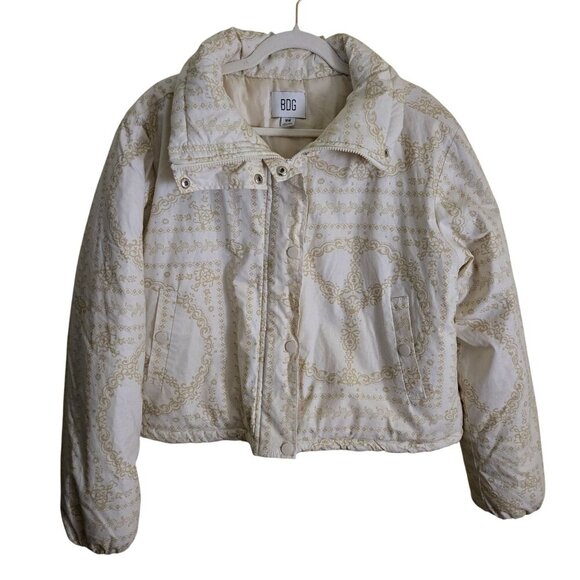 BDG Urban Outfitters Isla Linen Paisley Print Puffer Cropped Jacket Size M - Picture 2 of 13